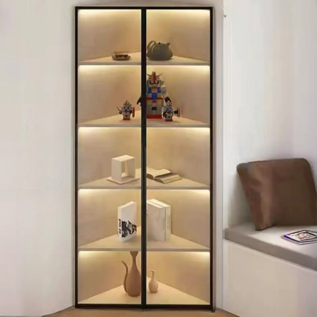 Modern Grey Metal Wood Corner Display Cabinet with Glass Door