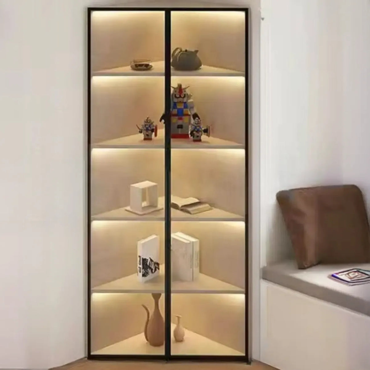 Modern Grey Metal Wood Corner Display Cabinet with Glass Door