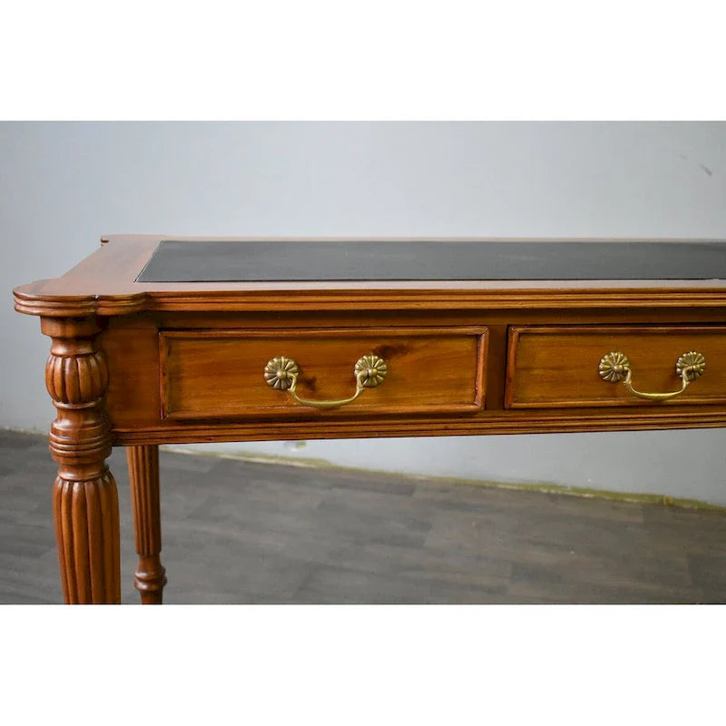 Bureau victorien en acajou massif, brun foncé / brun clair, avec plateau en cuir noir et 3 tiroirs – Unité simple